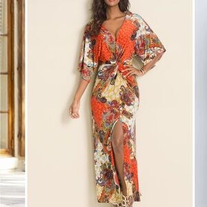 Venus Twist Front Maxi Dress size small in orange multi paisley boho chic